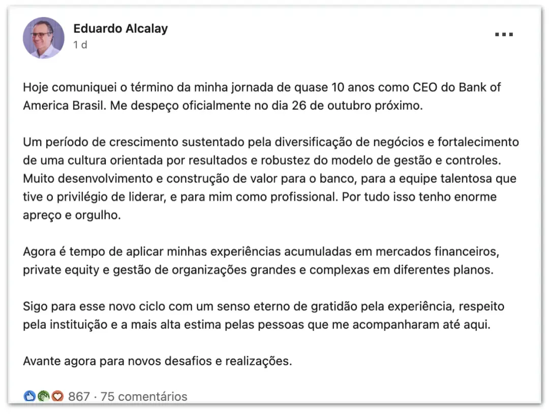 Eduardo Alcalay deixou o cargo de CEO do Bank of America Brasil após 9 anos de atuação. É importante ver a saída de um …