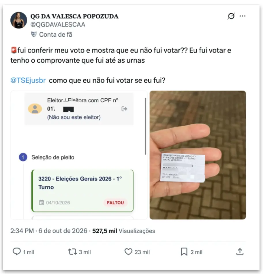 Registro faltou no Autoatendimento Eleitoral para quem votou no primeiro turno, segundo esclarecimento do TSE. A mensag…