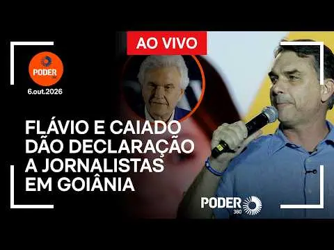 Goiânia, na 3ª feira, Flávio Bolsonaro e Caiado fizeram pronunciamento a jornalistas, tendo o reeleito Daniel Vilela ta…