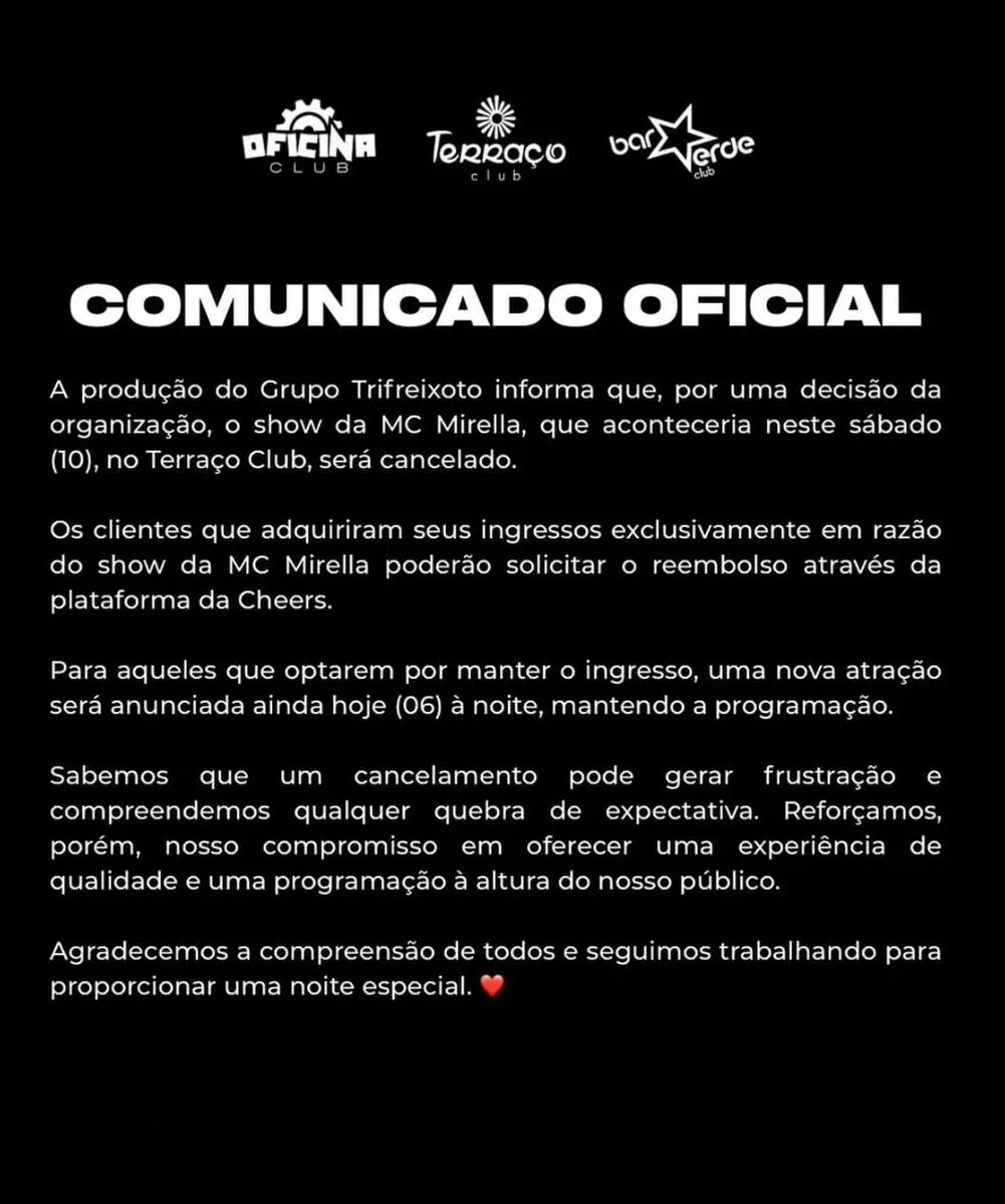 MC Mirella teve show cancelado no Terraço Club em São Paulo no próximo sábado. A decisão aconteceu depois que a cantora…