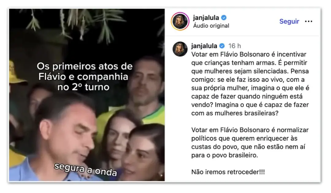 Janja Lula da Silva disse que a eleição de Flávio Bolsonaro pode silenciar mulheres brasileiras. Isso me toca porque a …