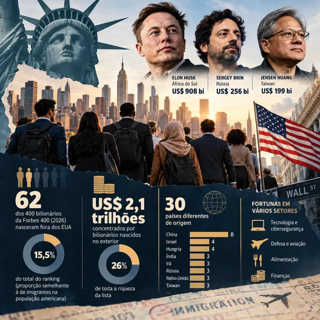 Imigrantes representam 15,5% dos mais ricos dos EUA em 2026 e concentram US$ 2,1 trilhões. A diversidade de origem no t…