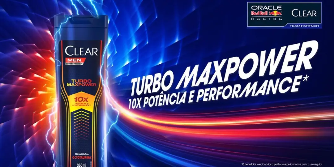 Clear lançou o shampoo Clear Men Turbo MaxPower com inspiração na Red Bull Racing, tendo a fórmula gel gerar espuma em …