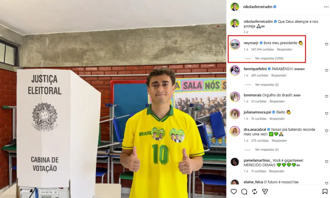 Neymar Júnior comentou a postagem de Nikolas Ferreira depois do primeiro turno nas eleições de Minas Gerais. O apoio do…