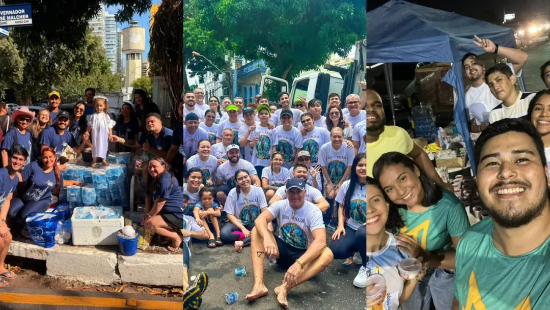 Milhares de romeiros em Belém recebem ajuda de voluntários que distribuem água e fazem primeiros socorros durante o Cír…