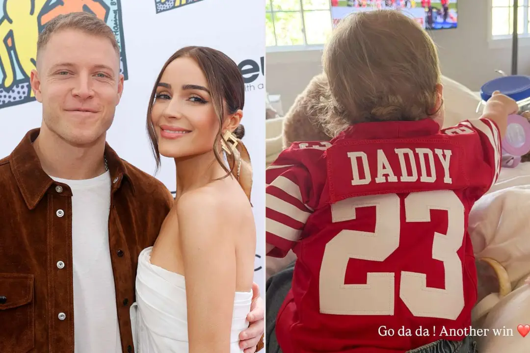 Colette, filha de Olivia Culpo e Christian McCaffrey, usou uma camisa dos 49ers com Daddy na frente, durante o jogo de …