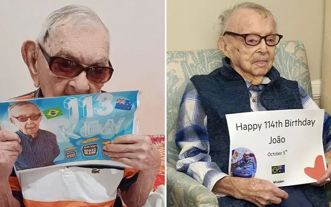 João Marinho Neto, brasileiro, fez 114 anos e comemorou com Ken Weeks, australiano, que completou 113 anos na mesma dat…