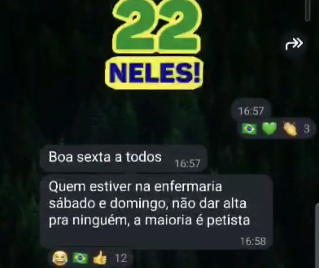 Médica do Hospital Municipal de Goiânia foi afastada após mandar mensagem orientando que pacientes petistas não recebes…
