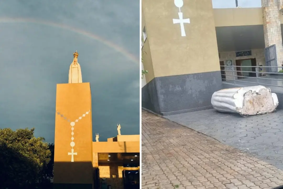 Em Dracena, SP, uma imagem de Nossa Senhora de 100 kg caiu de torre de 16 metros devido aos ventos de 107,8 km/h e fico…