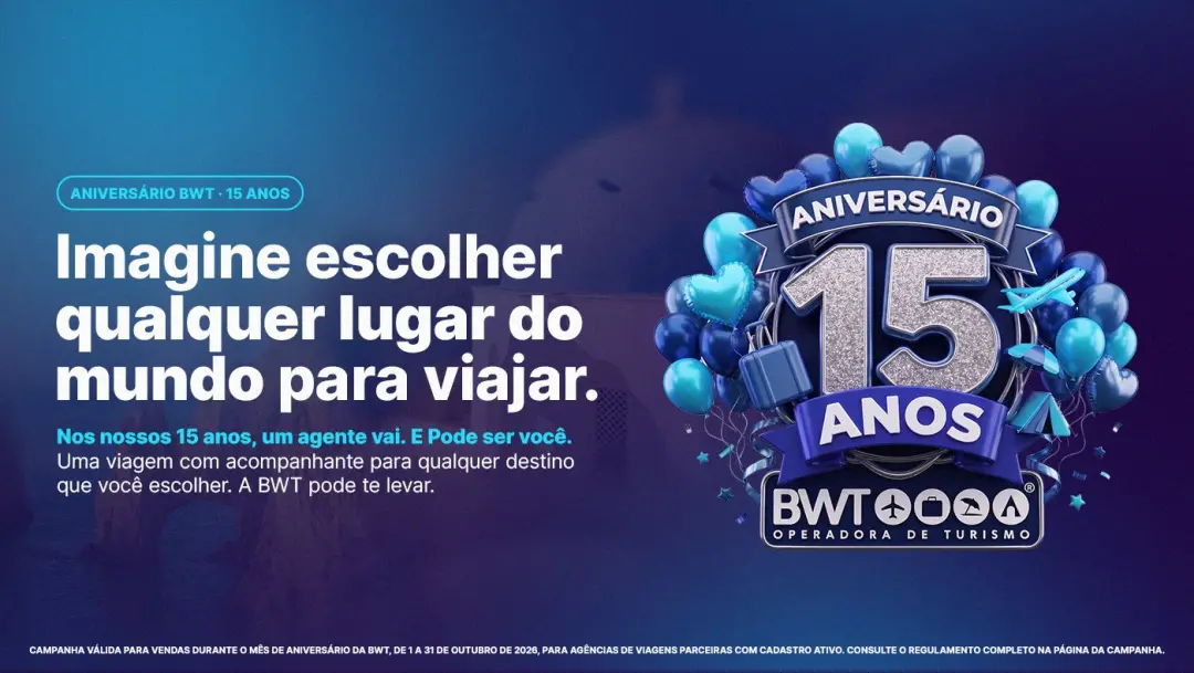 BWT Operadora completa 15 anos e tá dando um sorteio de viagem para qualquer lugar do mundo. Eu acho legal essa forma d…