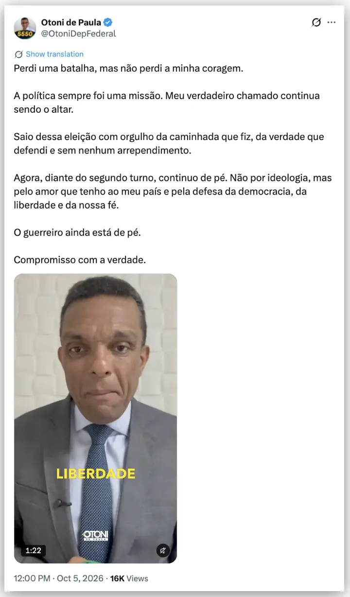 Otoni de Paula perdeu a reeleição para Deputado na Câmara com 19.364 votos. Depois de criticar Lula em 2022, o deputado…