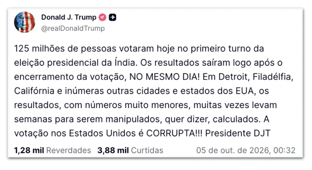 Donald Trump confundiu o Brasil com a Índia ao comentar a apuração do primeiro turno, citando 125 milhões de votantes. …