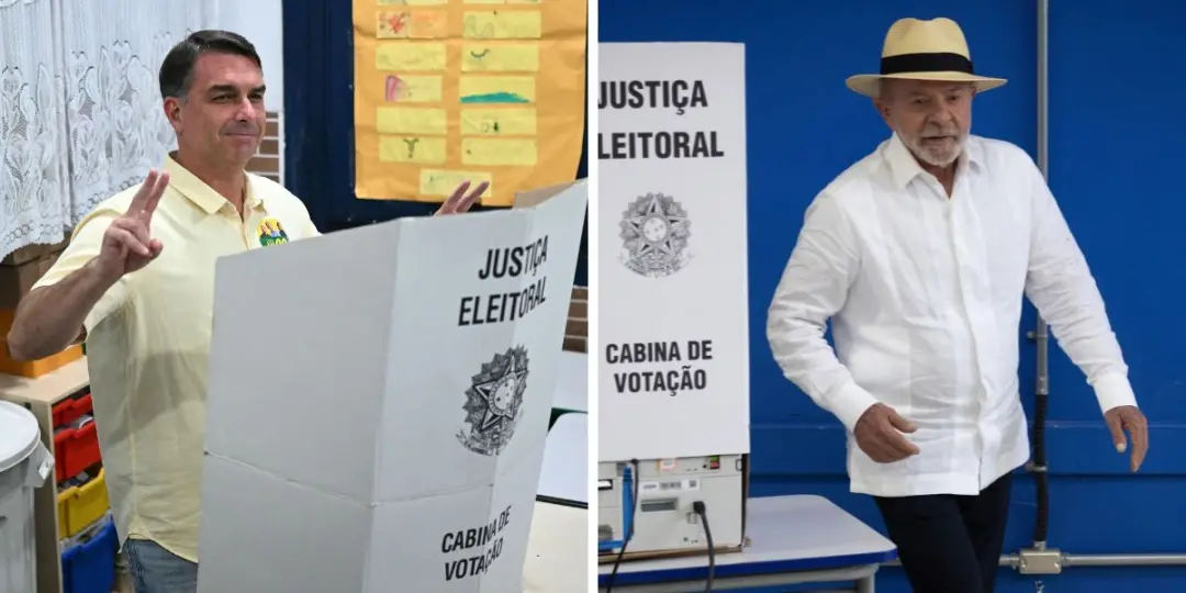 Flávio Bolsonaro e Lula com 47,42 e 44,70 por cento dos votos, respectivamente, no primeiro turno das Eleições 2026, co…