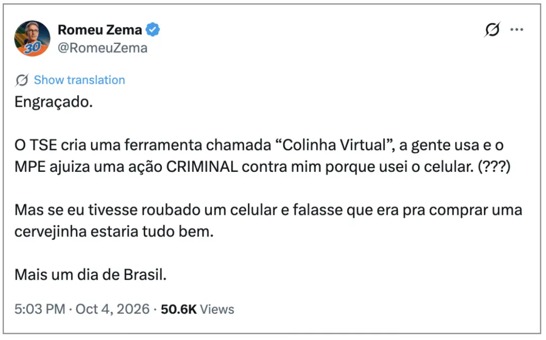 Romeu Zema criticou a ação do MPE contra ele por ter celular na cabine de votação em Araxá/MG. A ironia dele é que o pr…