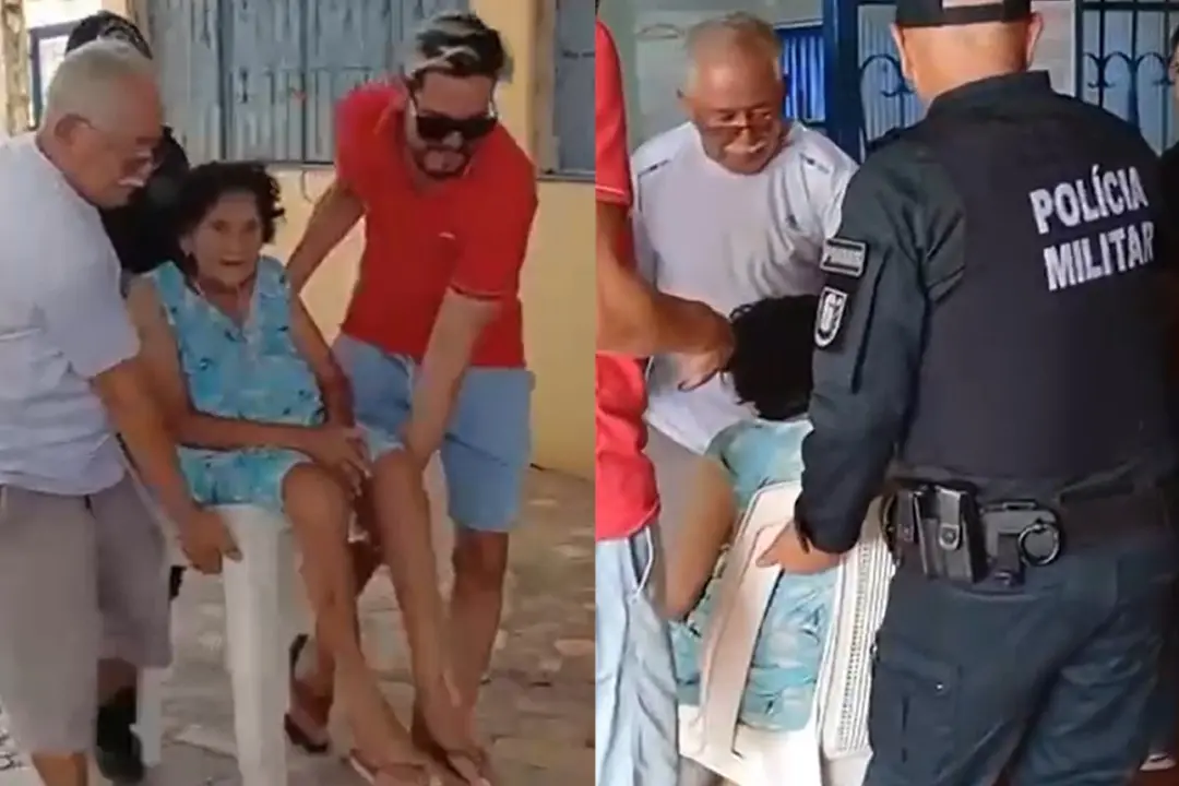 Corumbá, Mato Grosso do Sul: uma eleitora precisou ser carregada em cadeira de plástico por dois homens e um policial m…