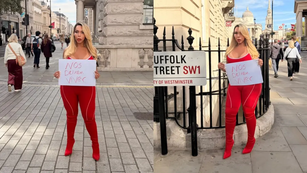Suellen Carey, influenciadora brasileira, protestou em Londres no dia da eleição com a frase Nos deixem viver. Achei im…