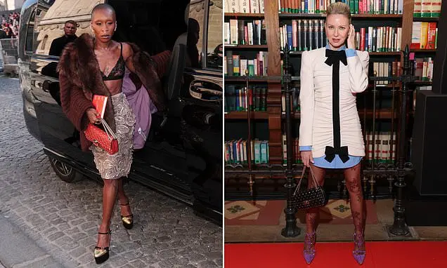 Cynthia Erivo apareceu no desfile da Valentino em Paris Fashion Week vestindo um bralette de renda e saia midi brilhant…