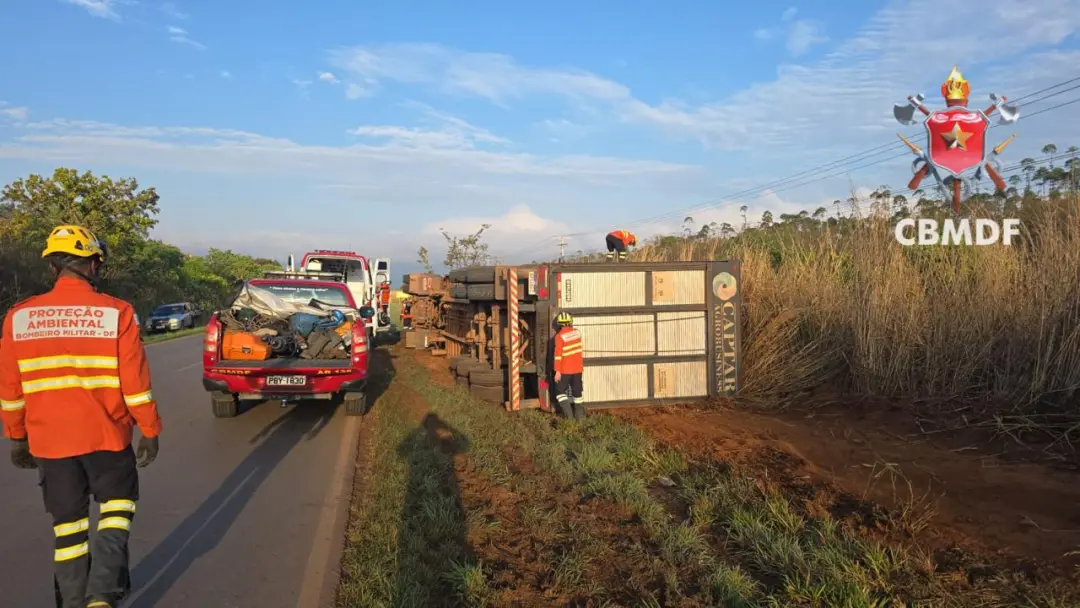 Caminhão com 48 bovinos tombou na DF-250, em Planaltina. Motorista tá ferido e foi levado ao hospital. Parece que estra…