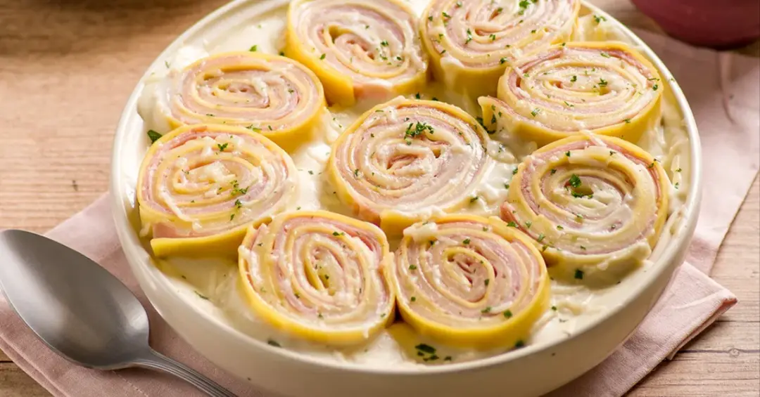 Rondelli de presunto e mussarela com molho branco, feito com massa de lasanha pré-cozida, é uma opção cremosa para o al…
