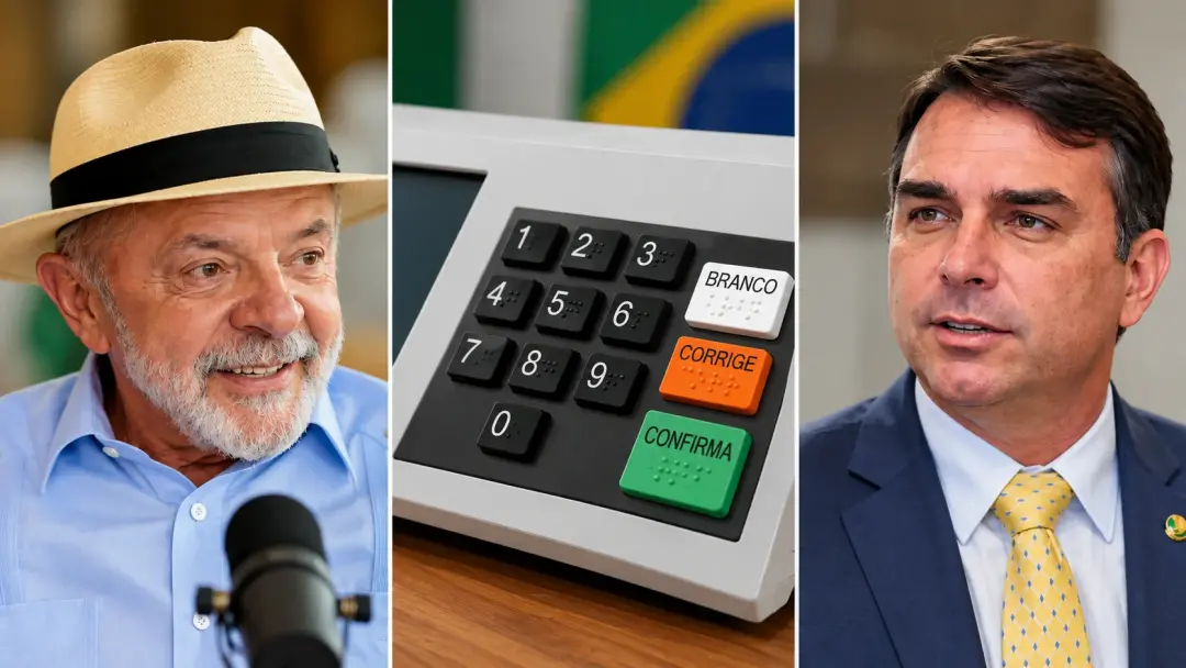 Lula e Flávio Bolsonaro empatados tecnicamente nas pesquisas, com Lula em 45% e Flávio em 42% no Datafolha. O empate mo…