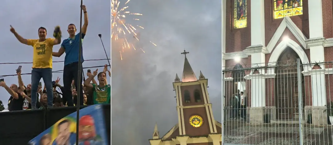 Em Bangu, no Rio, a chegada de Flávio Bolsonaro em trio elétrico com jingles fechou as portas da Paróquia São Sebastião…