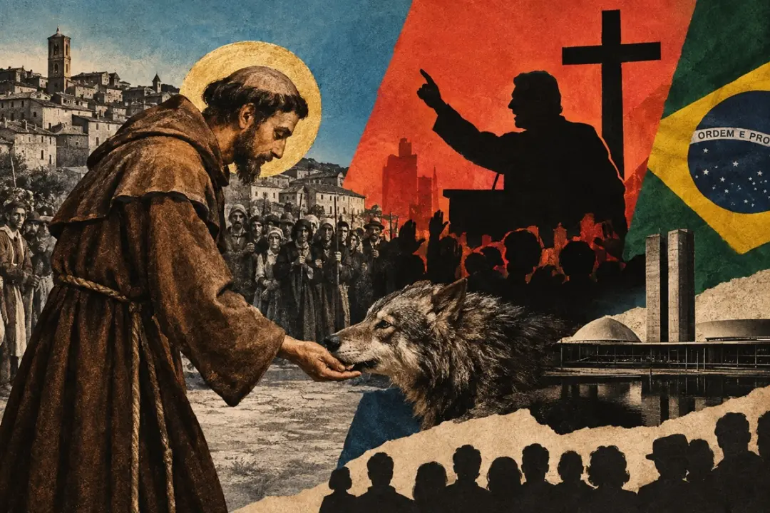 Francisco de Assis no encontro com o lobo em Gúbio. A lição é que o medo não acaba com mais medo, mas com razão e pão, …