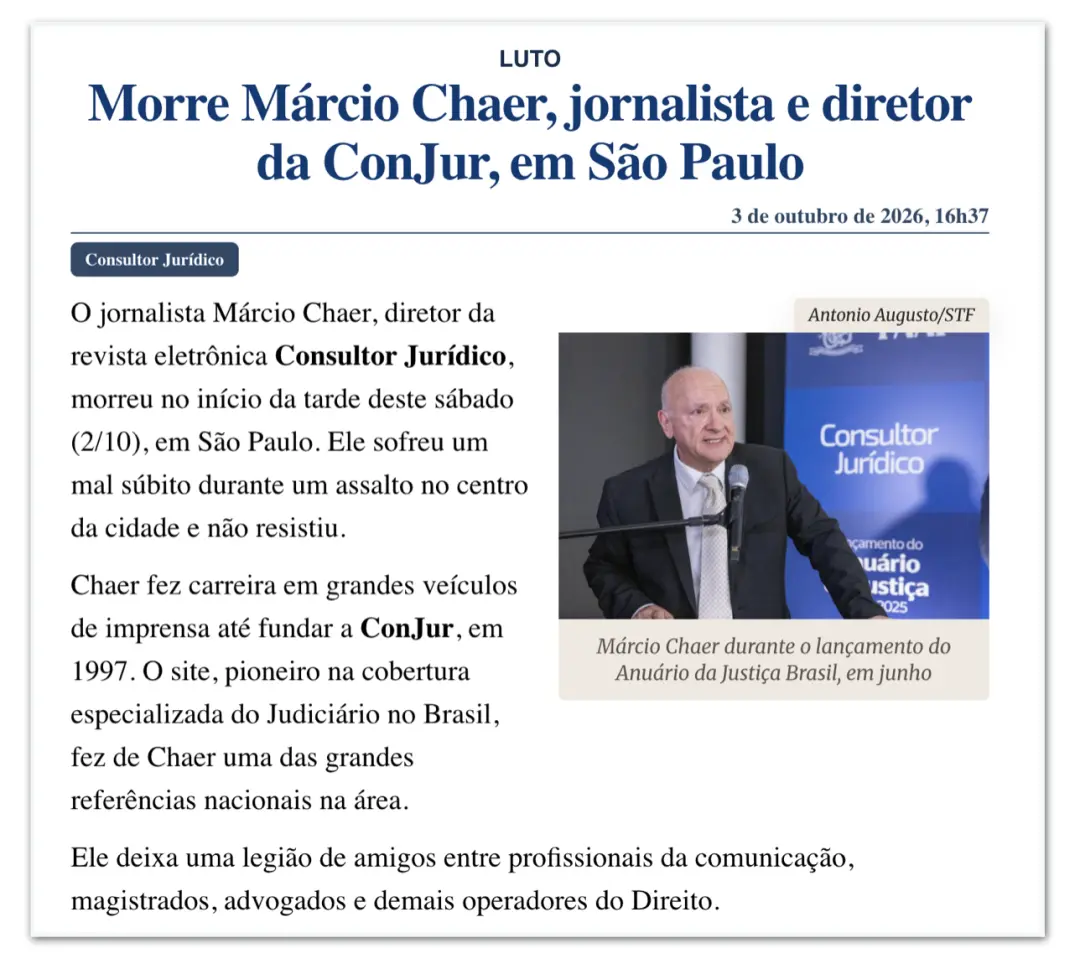 Marcio Chaer, fundador da ConJur, faleceu em São Paulo enquanto corria atrás de um ladrão de celular perto da Estação A…