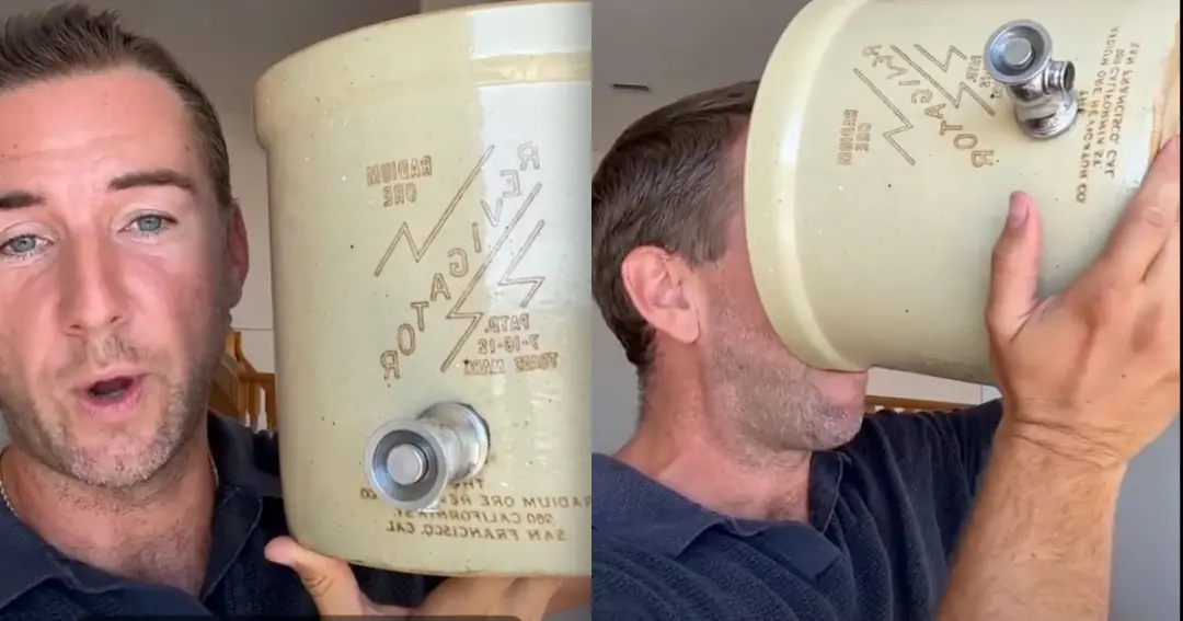 Matt Roeske bebe água radioativa do Revigator, jug de cerâmica dos anos 20, dizendo ter tomado por 250 dias. É assustad…