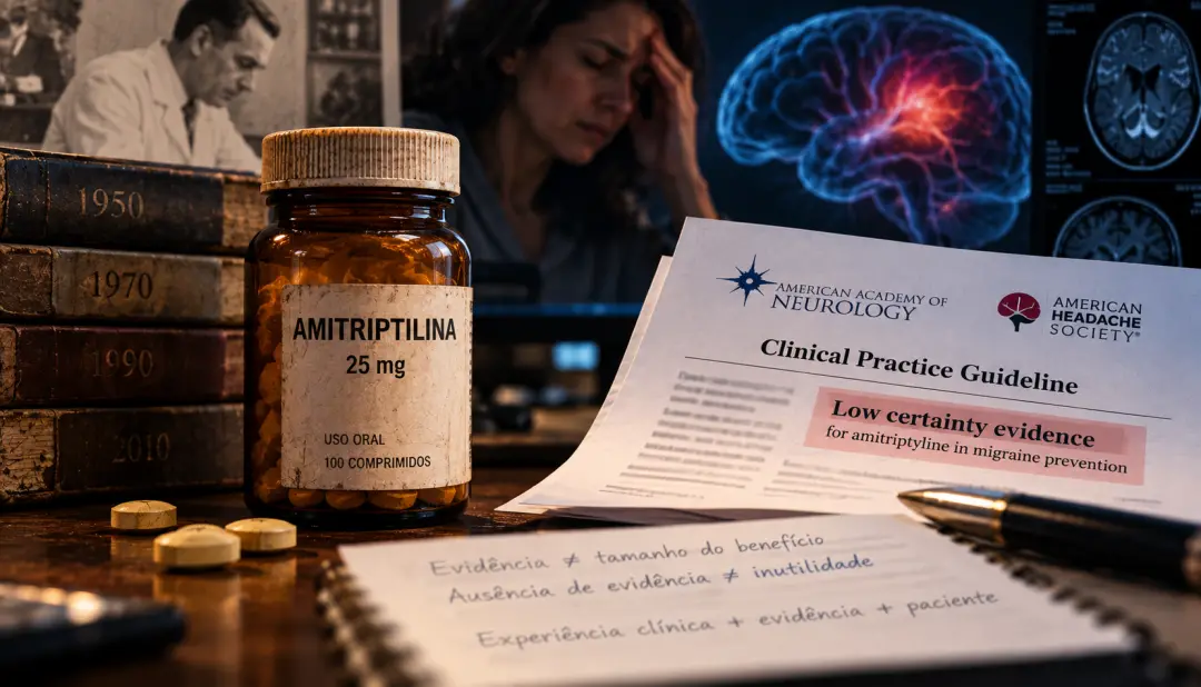 Amitriptilina como tratamento preventivo de enxaqueca, um uso de décadas, foi reavaliado e apresentou baixa evidência n…