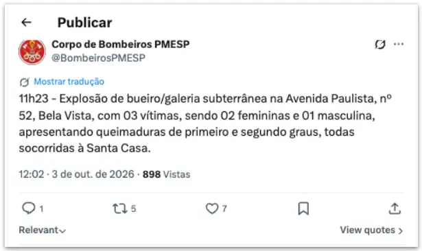 Bueiro explodiu na Avenida Paulista, em São Paulo, deixando três feridos com queimaduras. É um choque ver essa falta de…