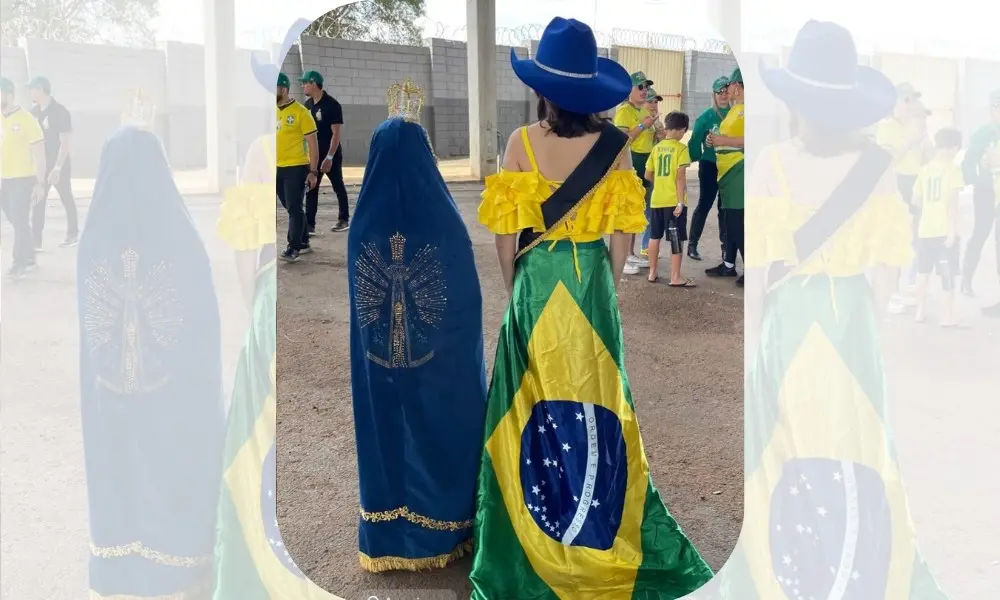 Apoiadores de Flávio Bolsonaro e Tarcísio de Freitas fizeram homenagem a Nossa Senhora Aparecida em Americana, São Paul…