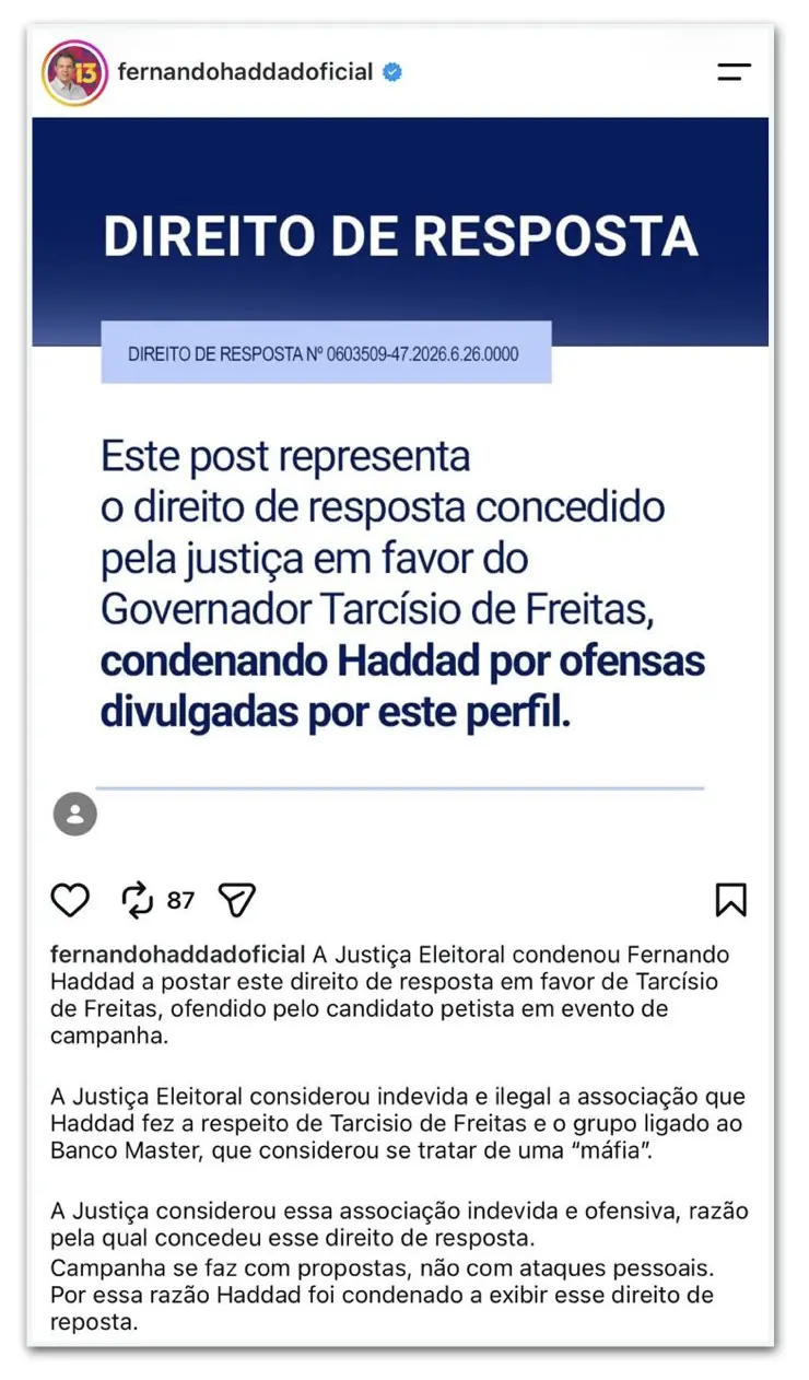 TRE-SP concedeu direito de resposta a Tarcísio porque Haddad associou o governador ao caso do Banco Master em uma peça …