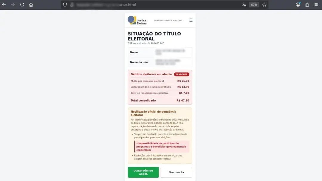Golpe usa site falso do TSE cobrando 47,90 via Pix para regularizar título eleitoral. É uma manobra perigosa que explor…