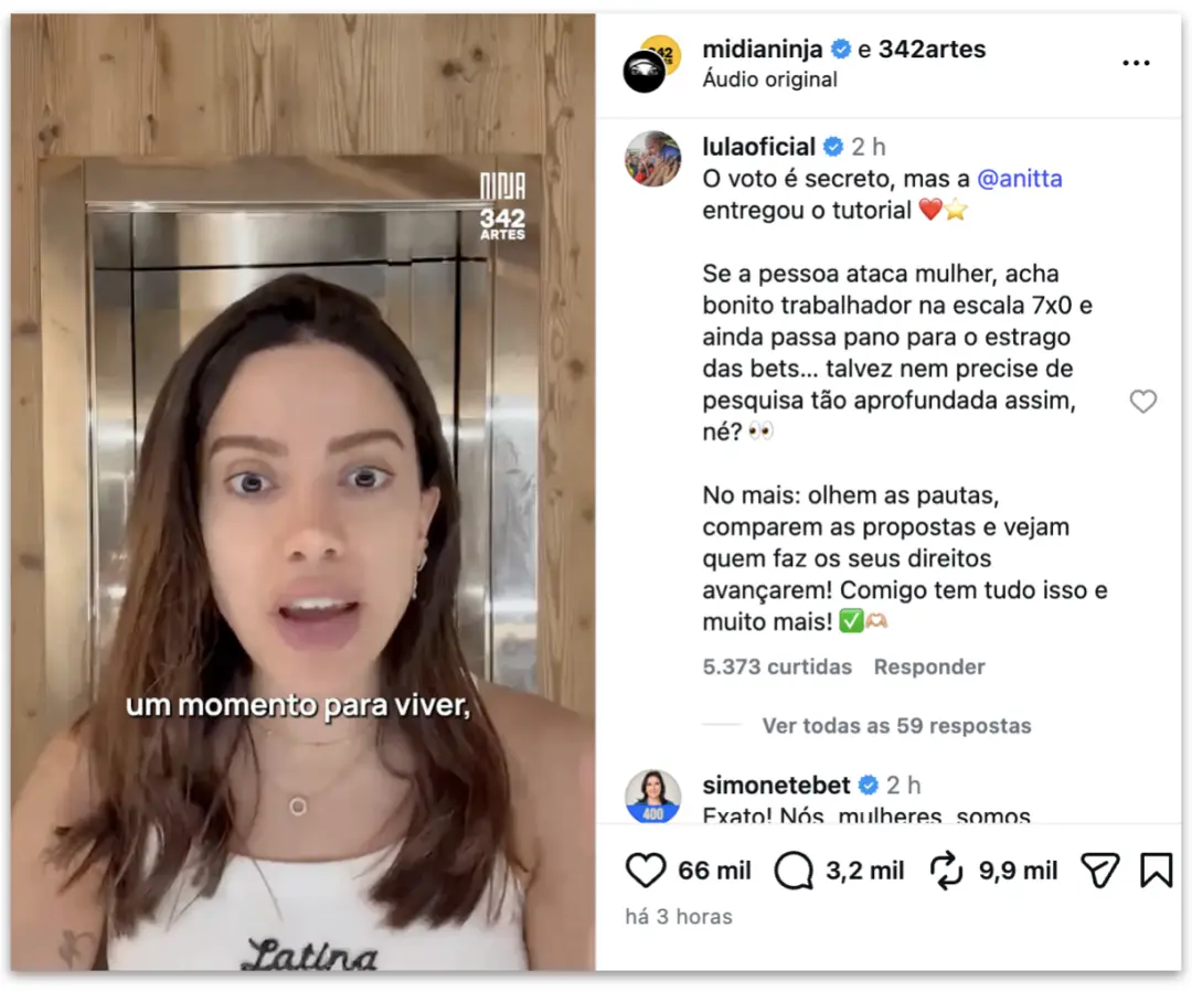 Anitta falou em vídeo que vota contra as bets, após MP proibir as apostas no Brasil a partir da próxima terça. Acredito…