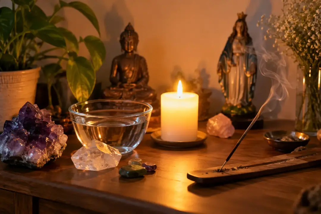 Cristal, vela, água e incenso podem compor um altar em casa, sem modelo obrigatório, segundo uma taróloga. Acho bacana …