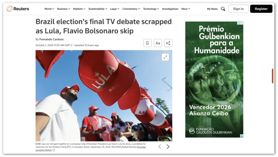 Cancelamento do debate da Globo, com Lula e Flávio ausentes, foi noticiado pela Reuters e Ansa. Essa ausência, após dec…