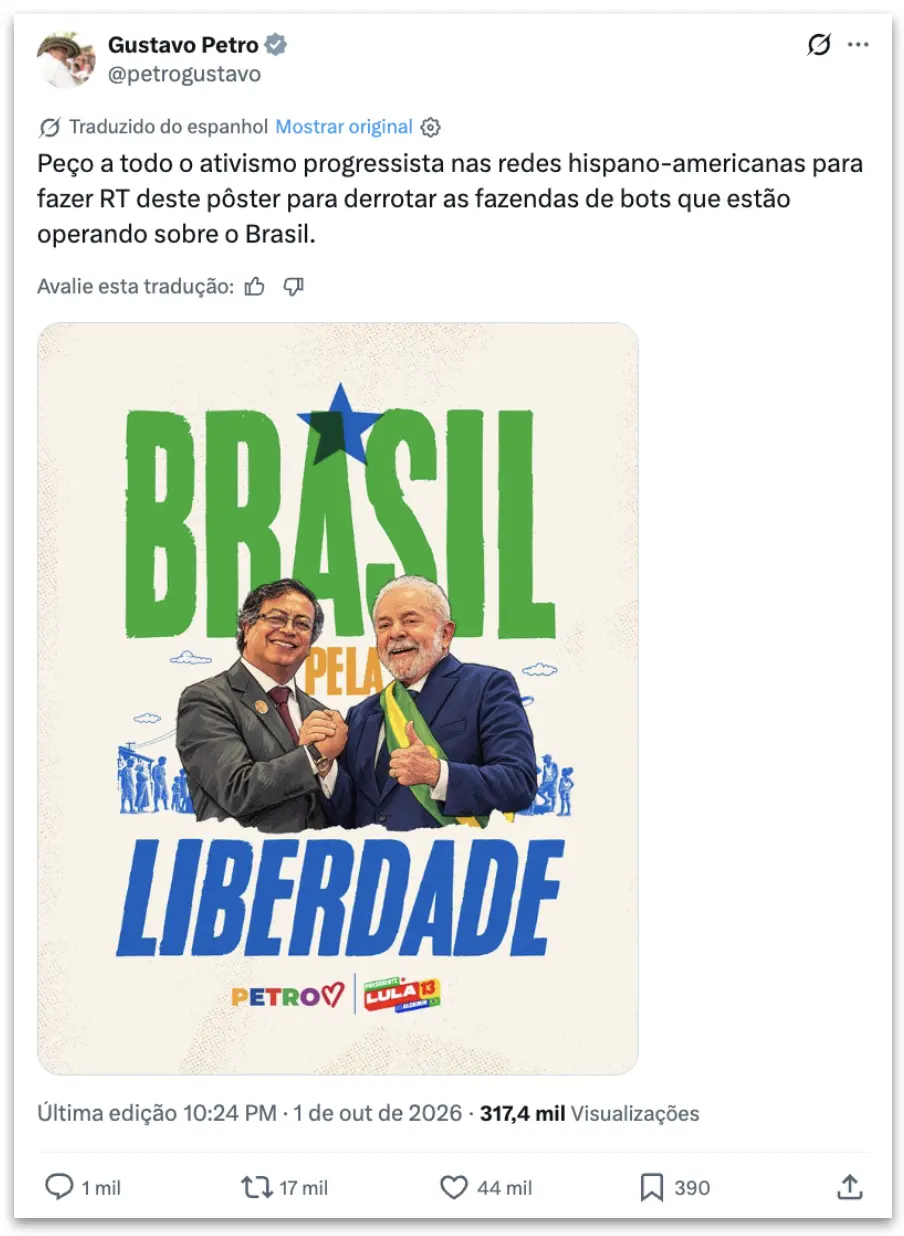 Petro pediu mobilização de ativistas hispano-americanos para apoiar Lula e derrubar fazendas de bots. Como a direita ga…