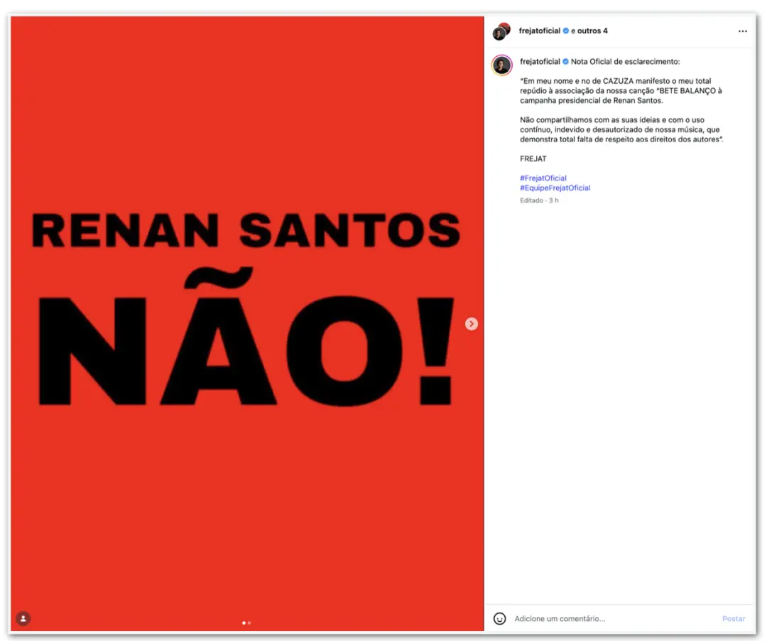 Frejat repudiou o uso de Bete Balanço por Renan Santos em atos de campanha, dizendo que isso desrespeita os direitos do…
