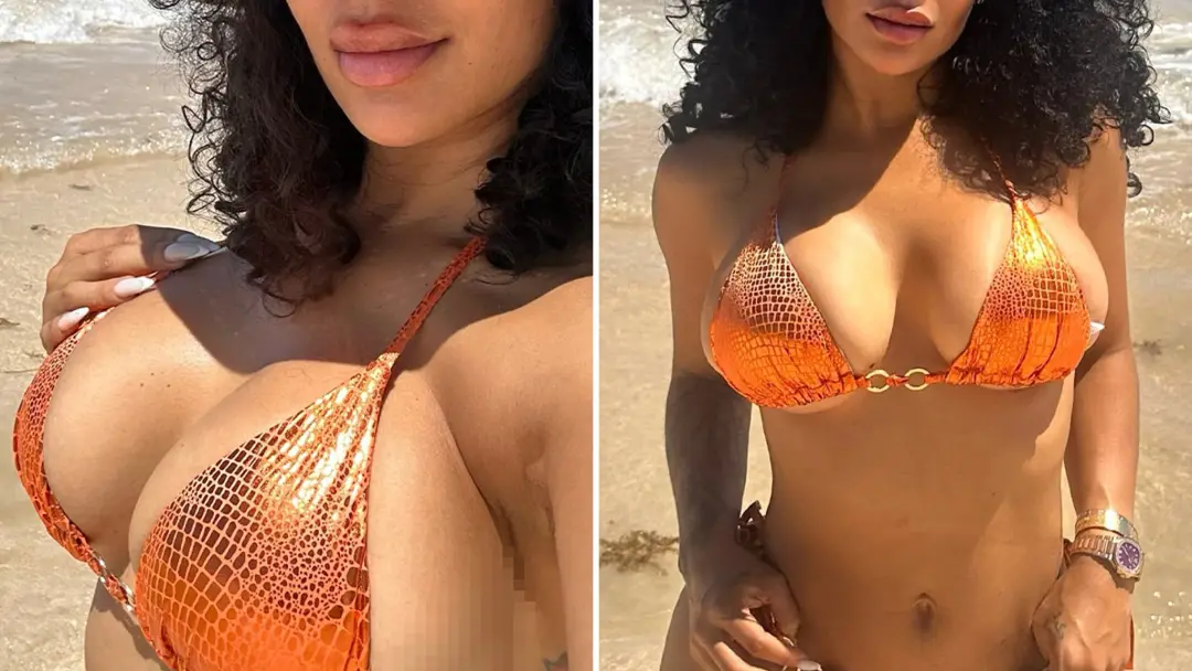 Orange Metallic Bikini na praia, foco nessa musa do Love & Hip Hop. Brilho laranja forte pra quem curte um visual chama…