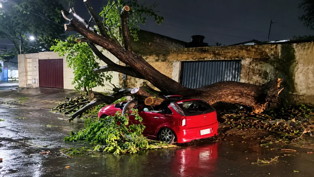 Vila Pedroso, Goiânia, teve uma árvore caindo sobre carro durante o temporal. A Comurg atendeu 18 ocorrências de queda …