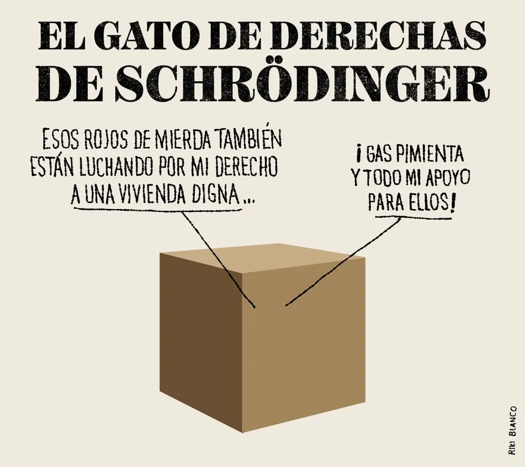 Riki Blanco, o gato de derechas de Schrödinger, aparece na A4. Essa postura é um jogo de palavras que tenta ser intelig…