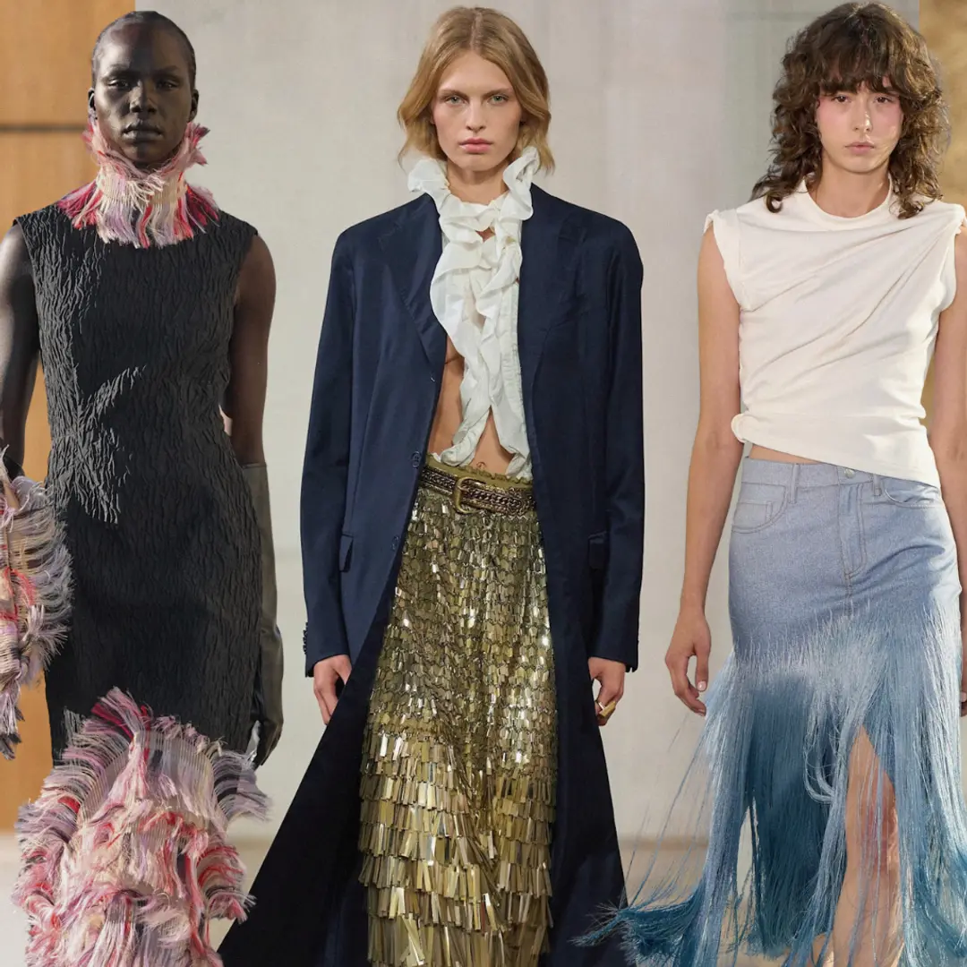 Fringed skirts estão em alta, com peças das marcas Burberry, Bottega Veneta e Roberto Cavalli dominando o Fashion Month…