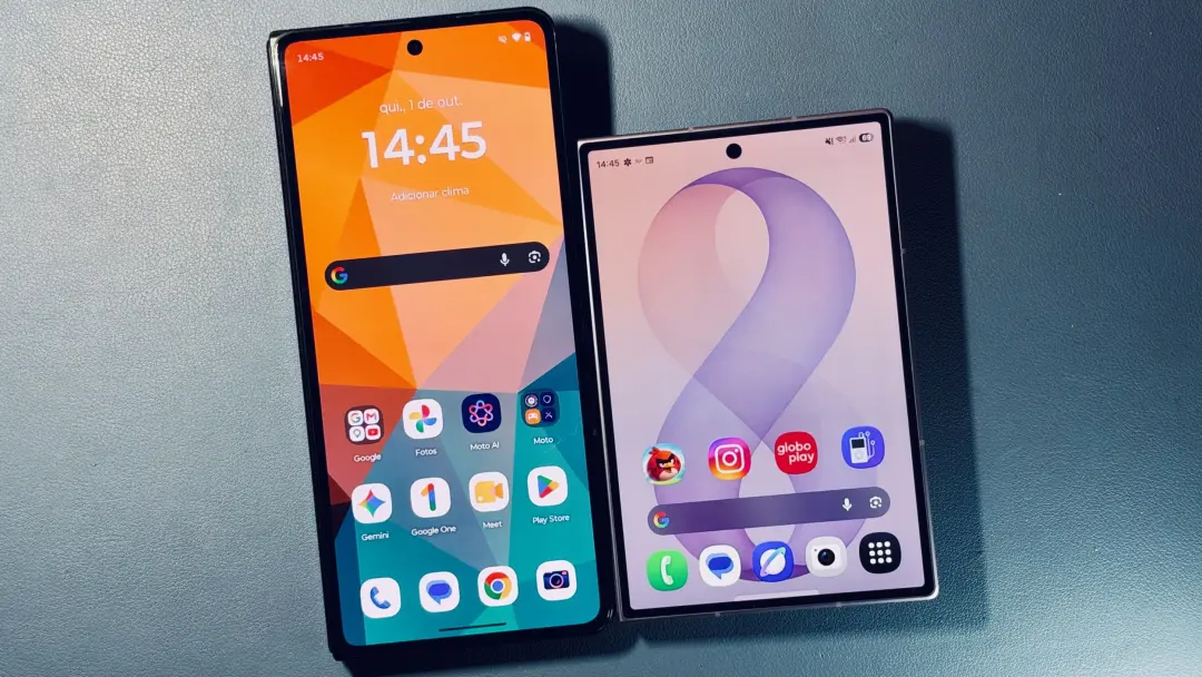Moto Razr Fold custando 16 mil e Galaxy Z Fold8 a partir de 12,6 mil. Os dois dobráveis têm propostas bem diferentes, u…