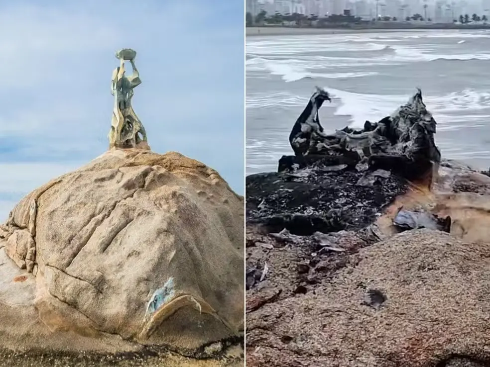 Incêndio destruiu a estátua da Feiticeira, de 3,5 metros, em São Vicente, litoral de São Paulo. Essa escultura, ligada …