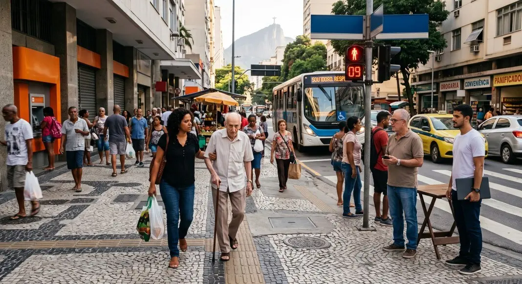 Senhor de 95 anos atravessando a rua com a filha em São Paulo, na correria diária. A cidade acelera, mas a rede de apoi…