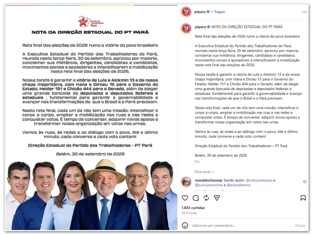 PT do Pará endossa Helder e Chicão ao Senado, deixando Celso Sabino de lado. A escolha do partido visa garantir a gover…
