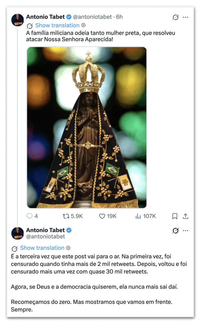 Tabet republicou post sobre Nossa Senhora pela terceira vez após decisão do TSE. A remoção focou em vinculações diretas…