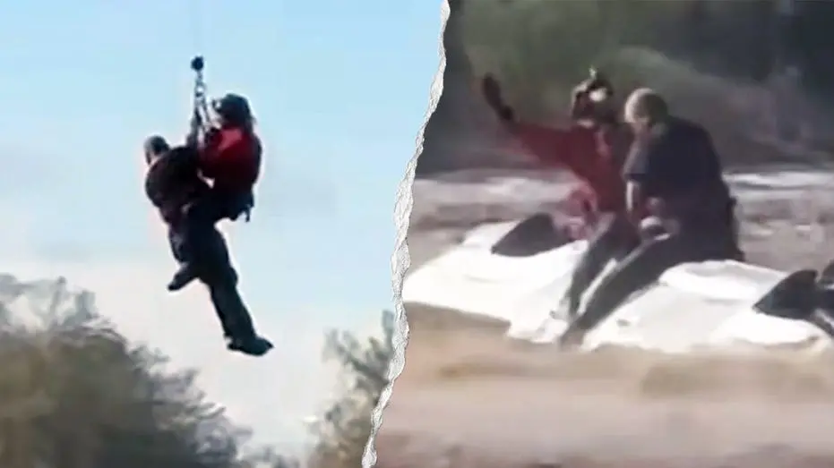 Resgate aéreo em Tonopah. Uma equipe de helicópteros do xerife salvou um homem preso no topo de um caminhão tombado enq…