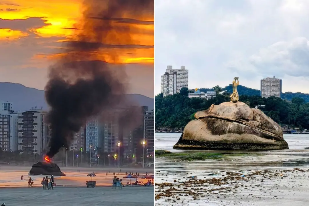 Estátua na Pedra da Feiticeira, em São Vicente, foi consumida por um incêndio na quarta-feira. É uma pena ver estrutura…
