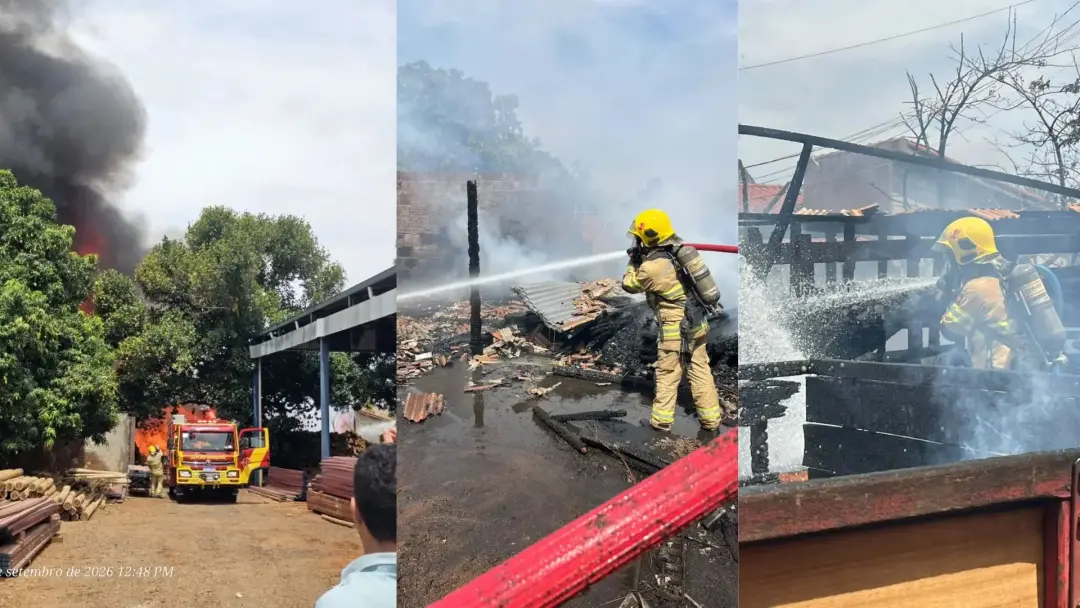 Incêndio grande em madeireira em Caçu atingiu pilhas de madeira na tarde de quarta. A fumaça escura subiu muito, e isol…
